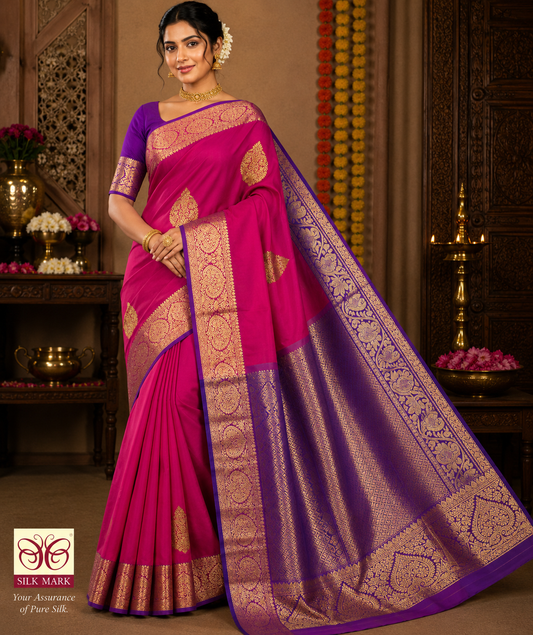 Kanjivaram Dual Tone Saree – Rani Pink Body with Royal Violet Zari Pallu