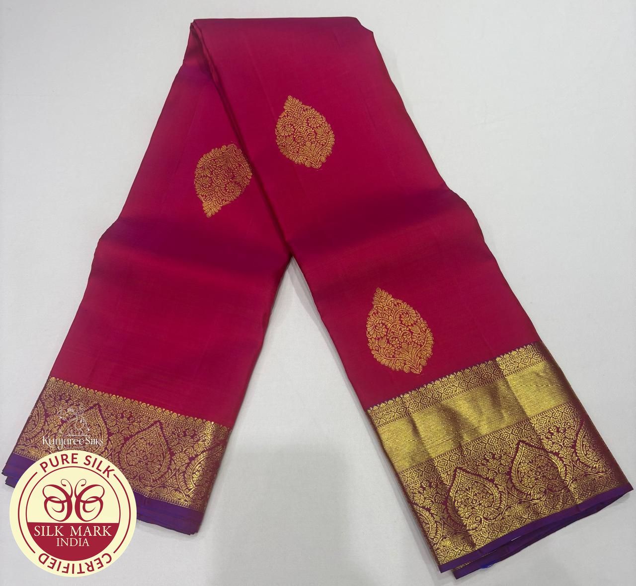 Kanjivaram Dual Tone Saree – Rani Pink Body with Royal Violet Zari Pallu