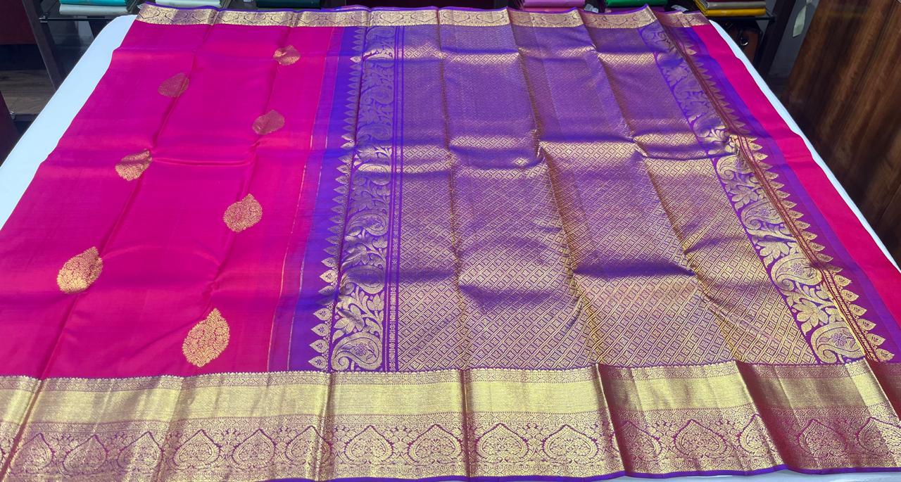 Kanjivaram Dual Tone Saree – Rani Pink Body with Royal Violet Zari Pallu