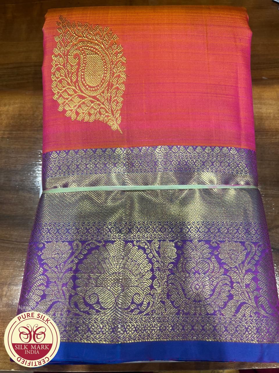Dual Tone Saree in Coral Peach & Royal Blue with Rich Zari Pallu