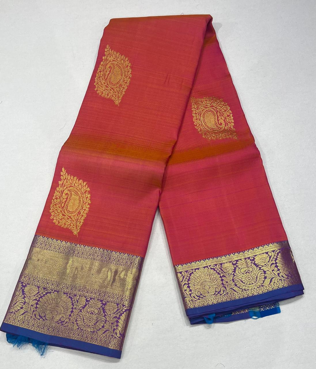 Dual Tone Saree in Coral Peach & Royal Blue with Rich Zari Pallu
