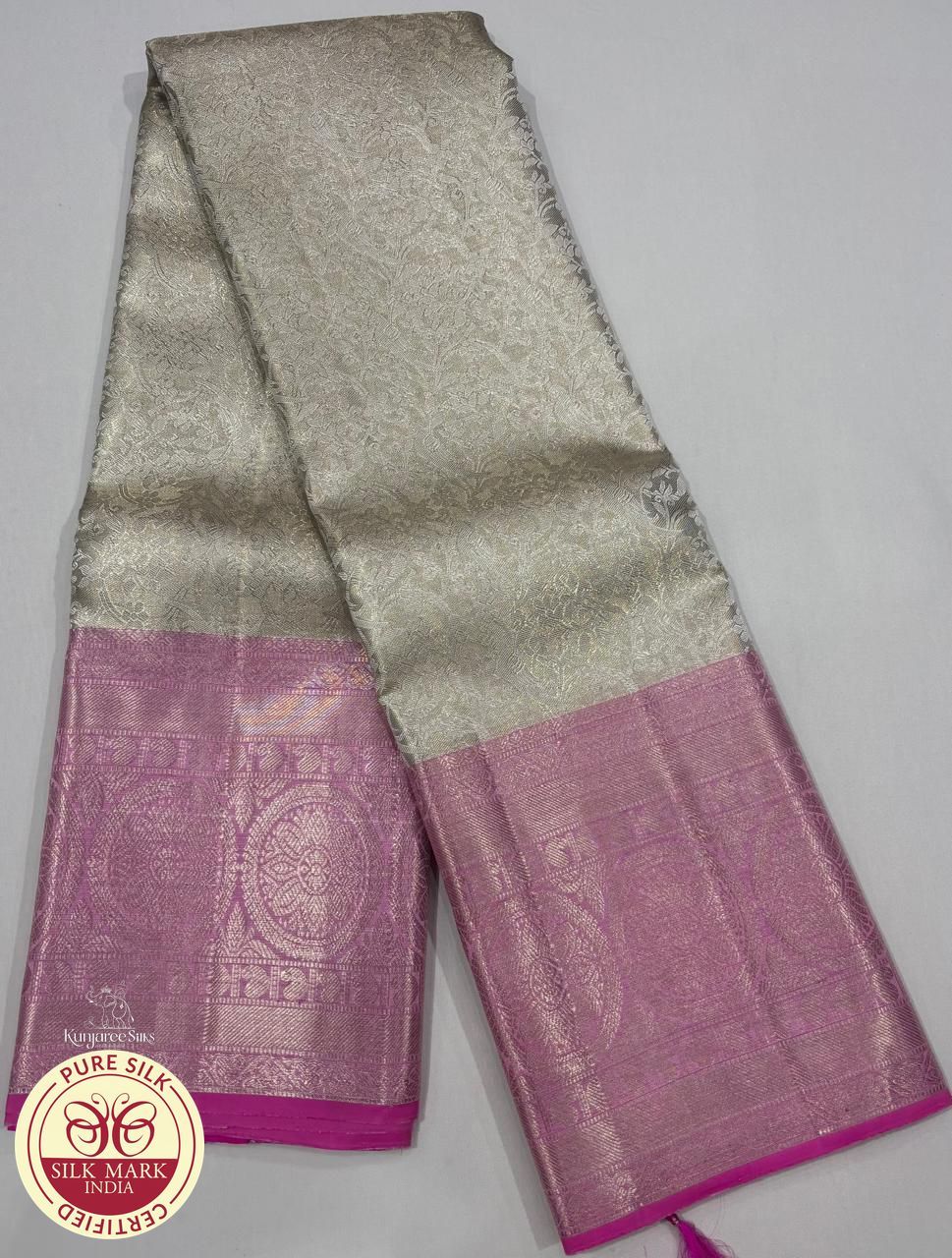 Pure Handloom Brocade Kanjivaram Silk Saree in Silver White & Lotus Pink