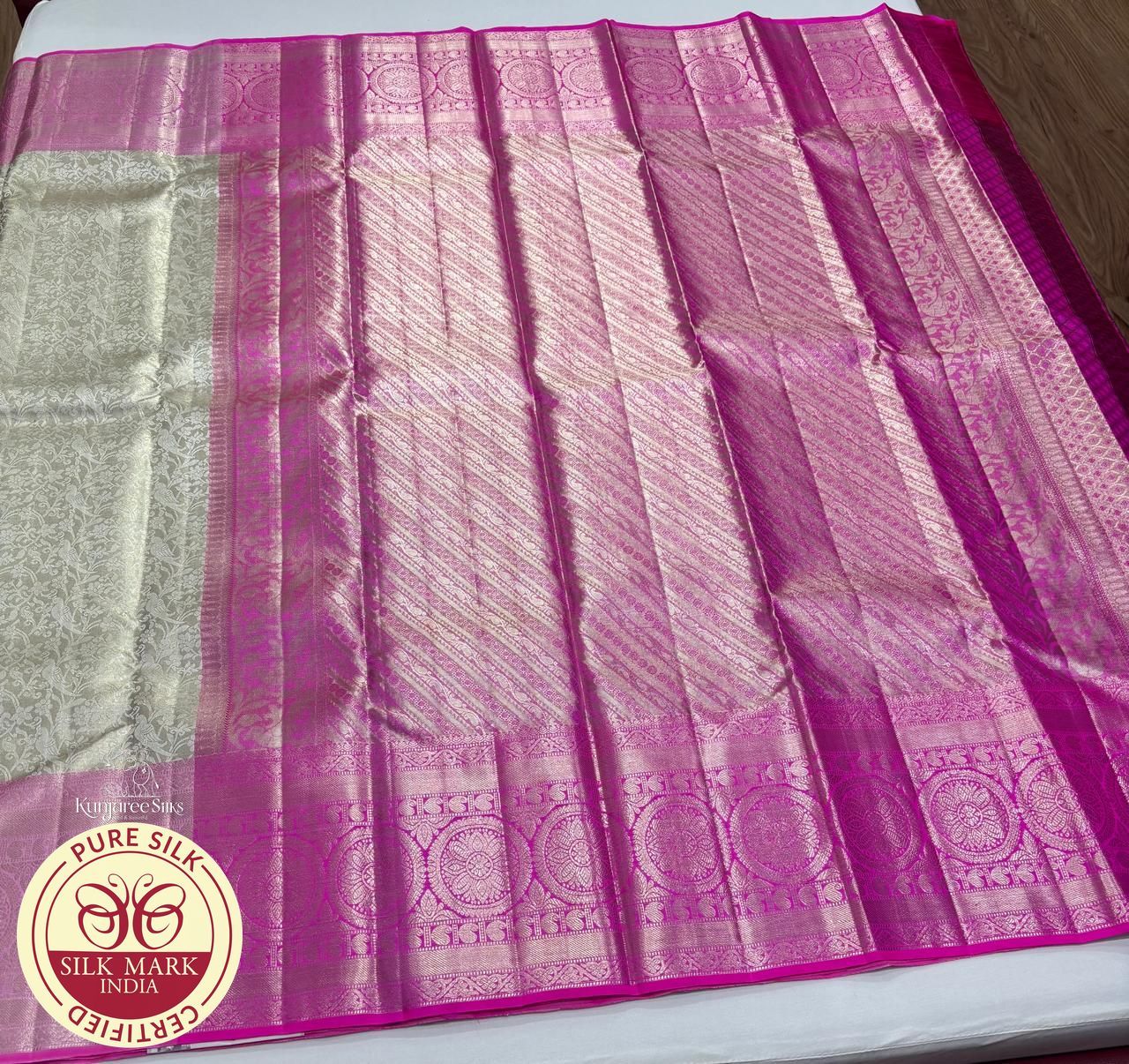 Pure Handloom Brocade Kanjivaram Silk Saree in Silver White & Lotus Pink