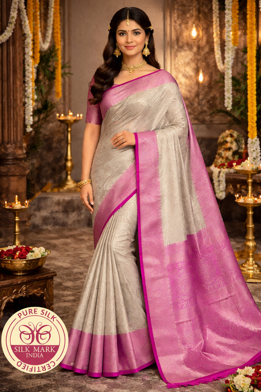 Pure Handloom Brocade Kanjivaram Silk Saree in Silver White & Lotus Pink