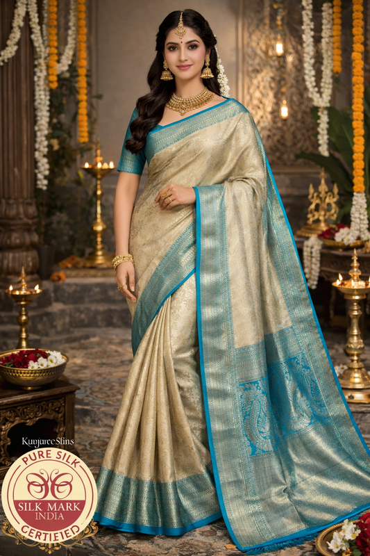 Pure Handloom Brocade Kanjivaram Silk Saree in Silver White & Sky Blue