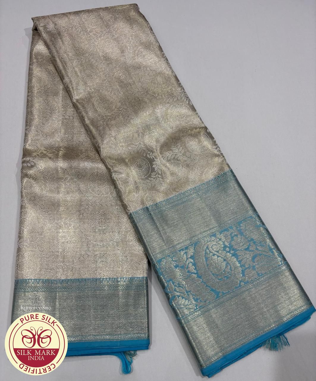 Pure Handloom Brocade Kanjivaram Silk Saree in Silver White & Sky Blue