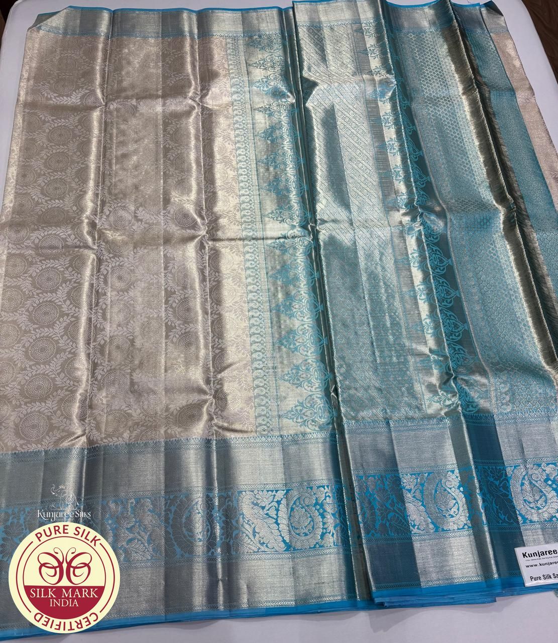 Pure Handloom Brocade Kanjivaram Silk Saree in Silver White & Sky Blue