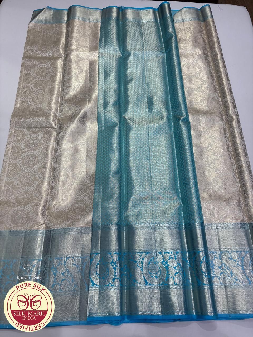 Pure Handloom Brocade Kanjivaram Silk Saree in Silver White & Sky Blue