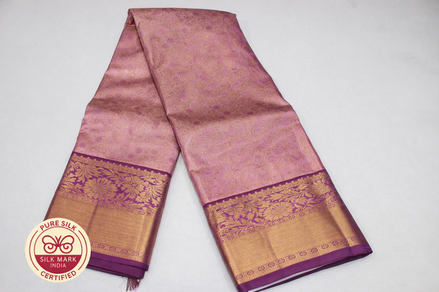 Elegant Rose Pink & Violet Pure Kanjivaram Handloom Silk Saree