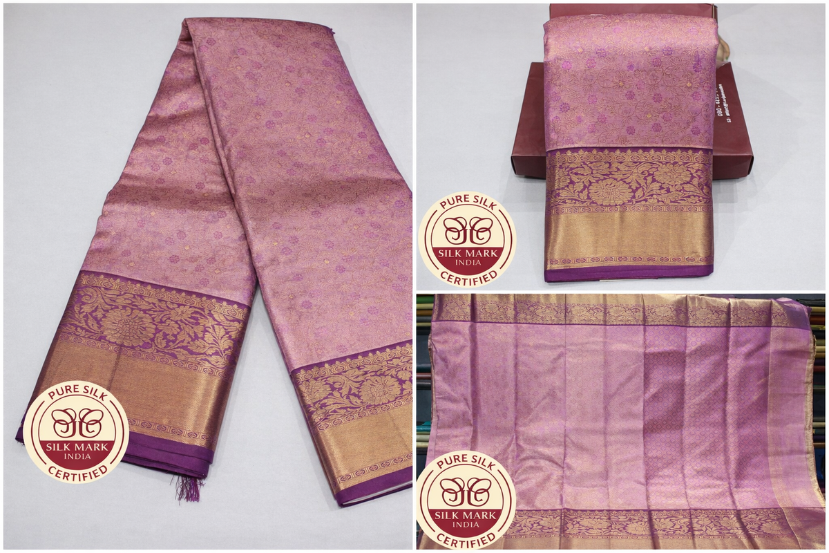Elegant Rose Pink & Violet Pure Kanjivaram Handloom Silk Saree