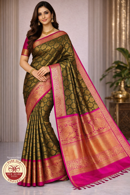 Pure Handloom Kanjivaram Silk Saree | Dark Green & Rani Pink with Grand Zari