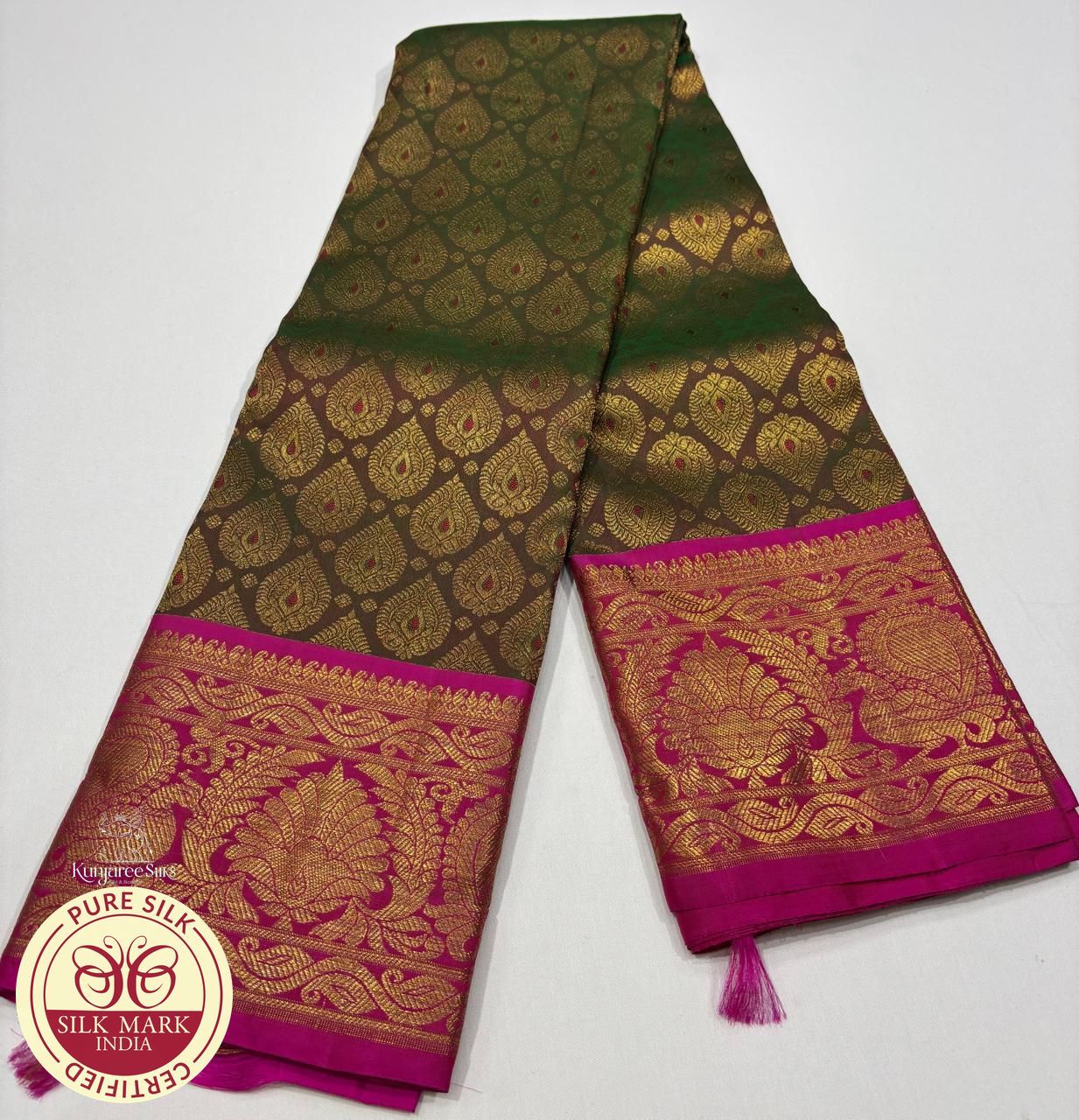 Pure Handloom Kanjivaram Silk Saree | Dark Green & Rani Pink with Grand Zari