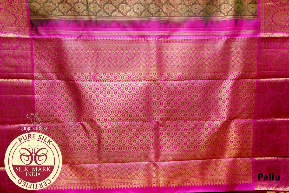 Pure Handloom Kanjivaram Silk Saree | Dark Green & Rani Pink with Grand Zari