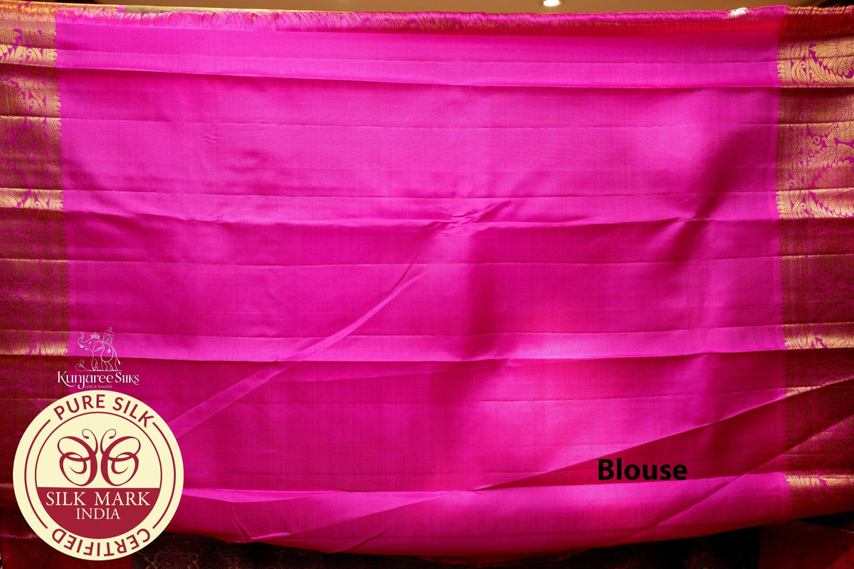 Pure Handloom Kanjivaram Silk Saree | Dark Green & Rani Pink with Grand Zari