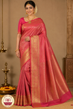 Pure Handloom Kanjivaram Silk Saree | Crimson Pink with Pure Gold Zari  Weaving