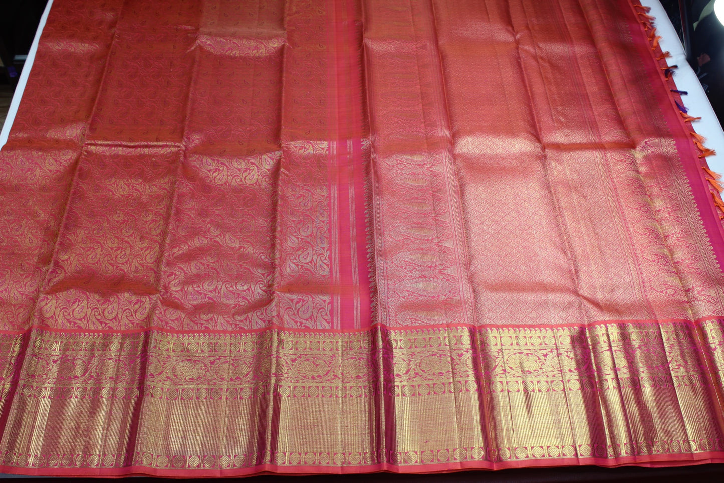 Pure Handloom Kanjivaram Silk Saree | Crimson Pink with Pure Gold Zari  Weaving