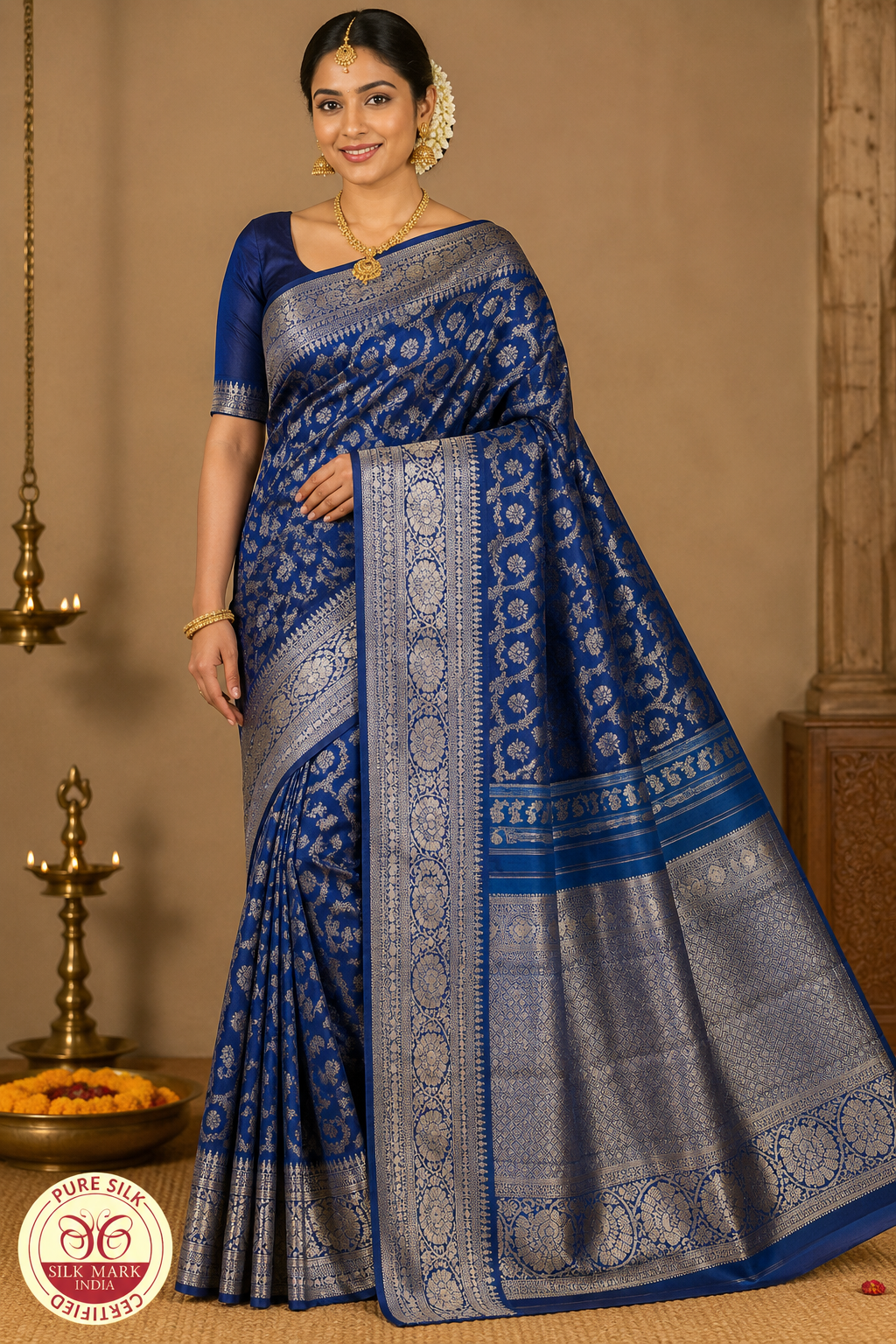 Pure Handloom Kanjivaram Silk Saree | Royal Blue with Pure Silver Zari Weaving