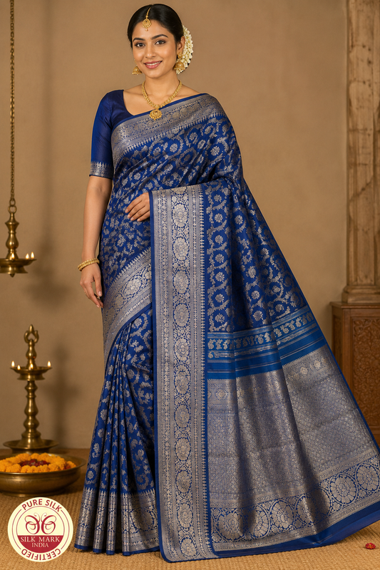 Pure Handloom Kanjivaram Silk Saree | Royal Blue with Pure Silver Zari Weaving