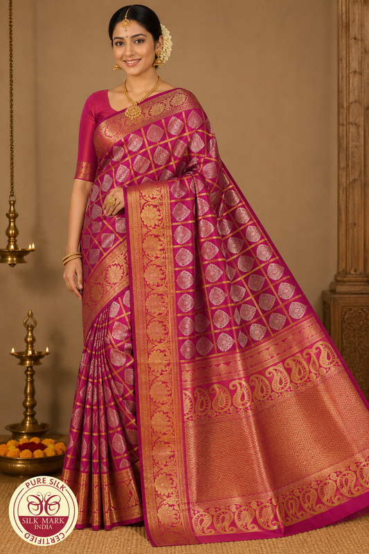 Pure Handloom Kanjivaram Silk Saree | Wine Magenta with Antique Gold Zari Checks