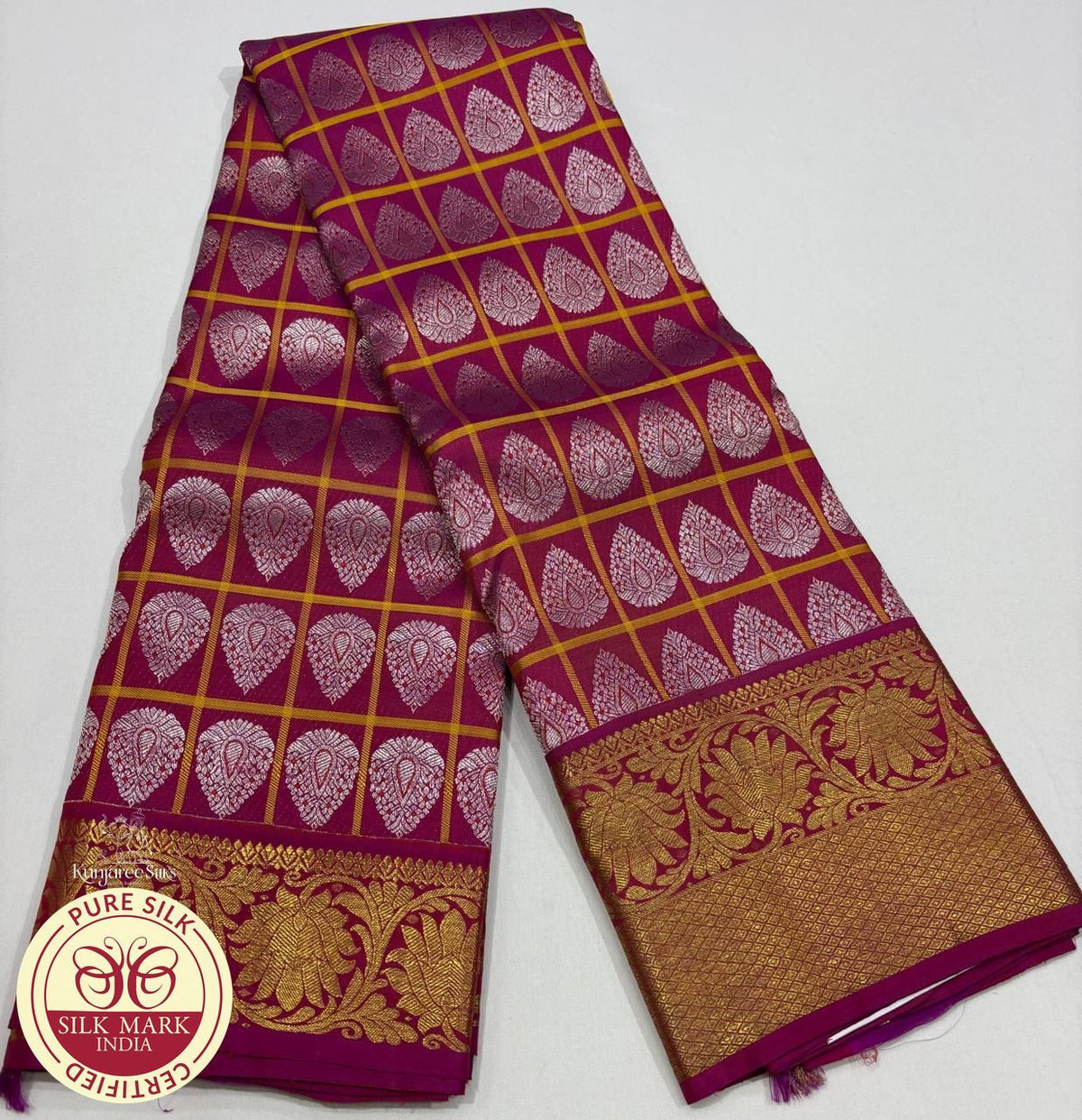 Pure Handloom Kanjivaram Silk Saree | Wine Magenta with Antique Gold Zari Checks