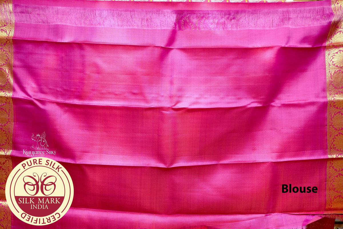 Pure Handloom Kanjivaram Silk Saree | Wine Magenta with Antique Gold Zari Checks