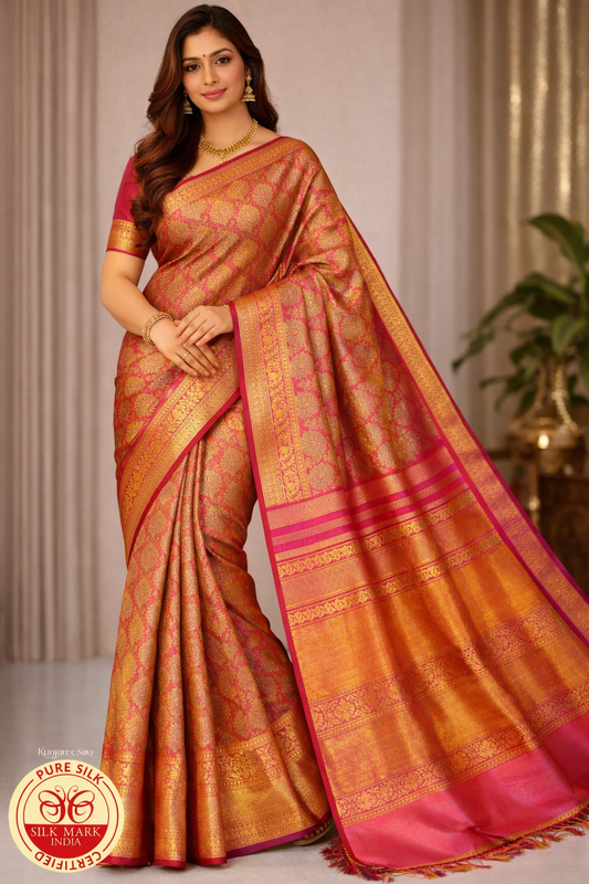 Pure Handloom Kanjivaram Silk Saree | Antique Gold & Rani Pink with  Zari