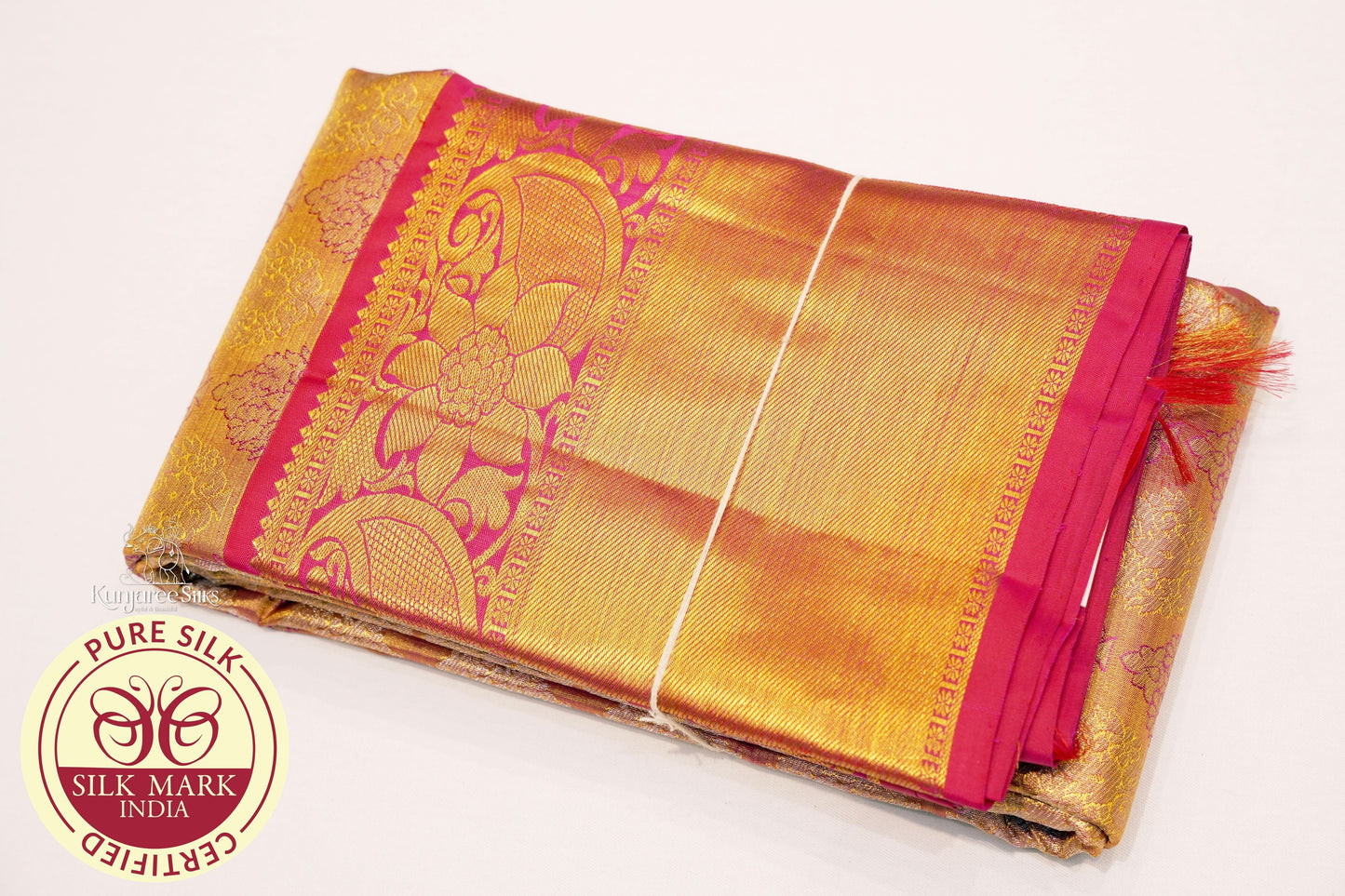 Pure Handloom Kanjivaram Silk Saree | Antique Gold & Rani Pink with  Zari