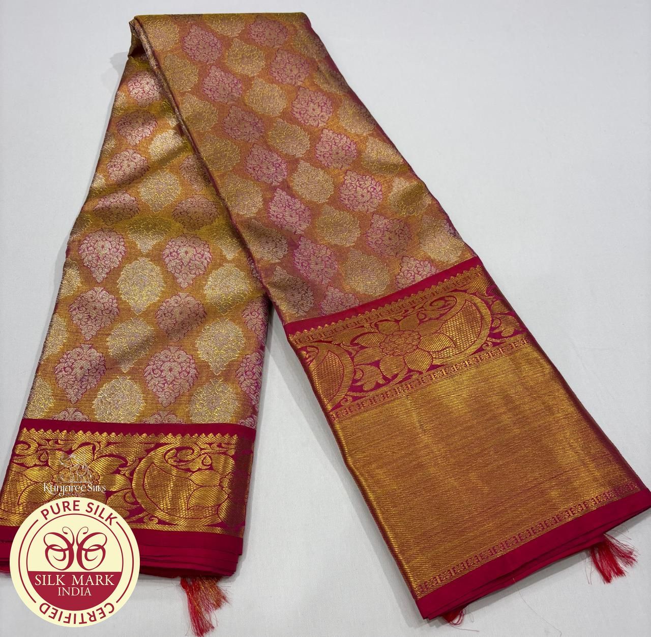 Pure Handloom Kanjivaram Silk Saree | Antique Gold & Rani Pink with  Zari