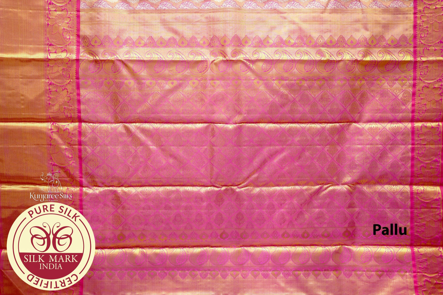 Pure Handloom Kanjivaram Silk Saree | Antique Gold & Rani Pink with  Zari