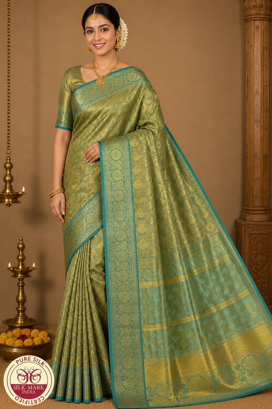 Pure Kanjivaram Silk Saree | Olive Green & Turquoise Blue with Rich Gold Zari