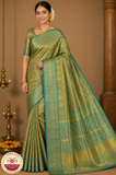 Pure Kanjivaram Silk Saree | Olive Green & Turquoise Blue with Rich Gold Zari