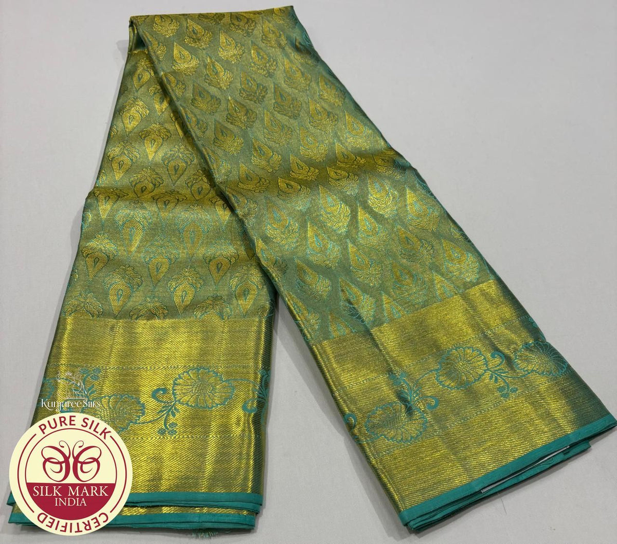 Pure Kanjivaram Silk Saree | Olive Green & Turquoise Blue with Rich Gold Zari