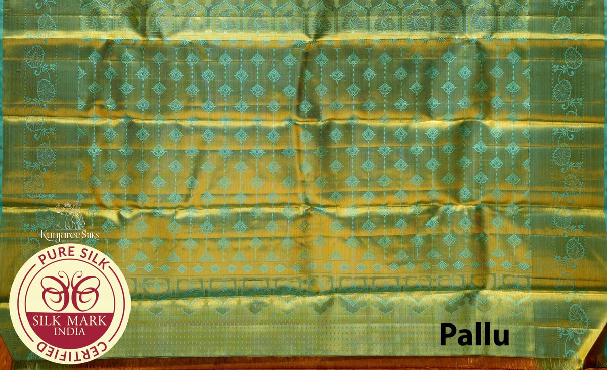 Pure Kanjivaram Silk Saree | Olive Green & Turquoise Blue with Rich Gold Zari