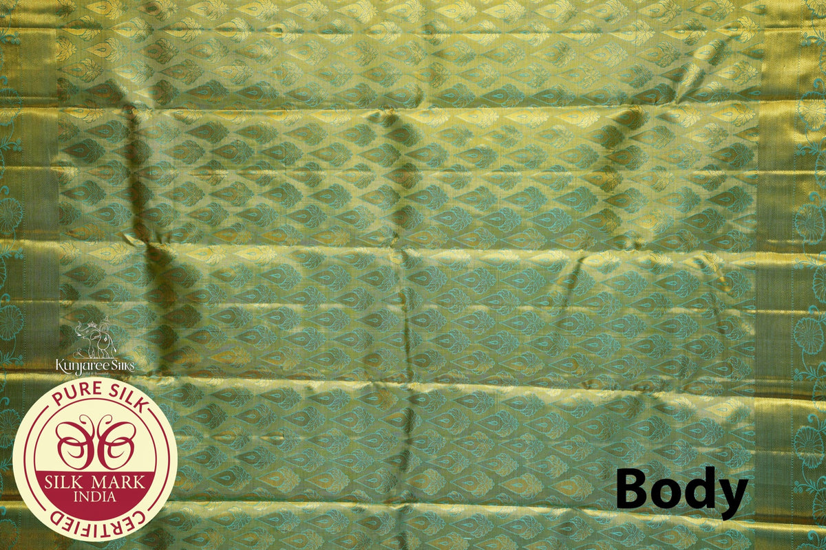 Pure Kanjivaram Silk Saree | Olive Green & Turquoise Blue with Rich Gold Zari