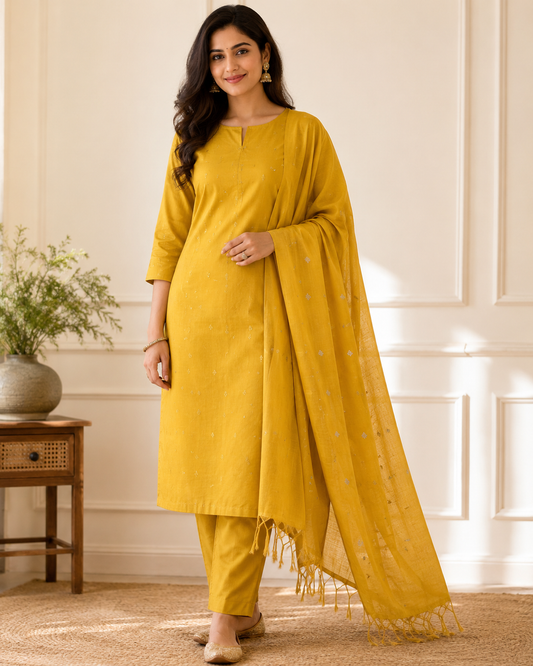 Mustard Yellow Cotton Silk Unstitched Salwar Suit with Elegant Woven Dupatta