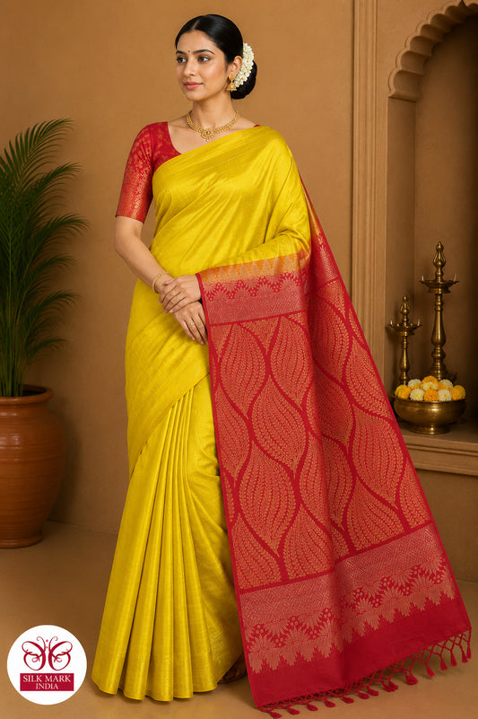 Pure Handloom Soft Silk Saree – Lemon Yellow & Deep Crimson Red Dual Tone