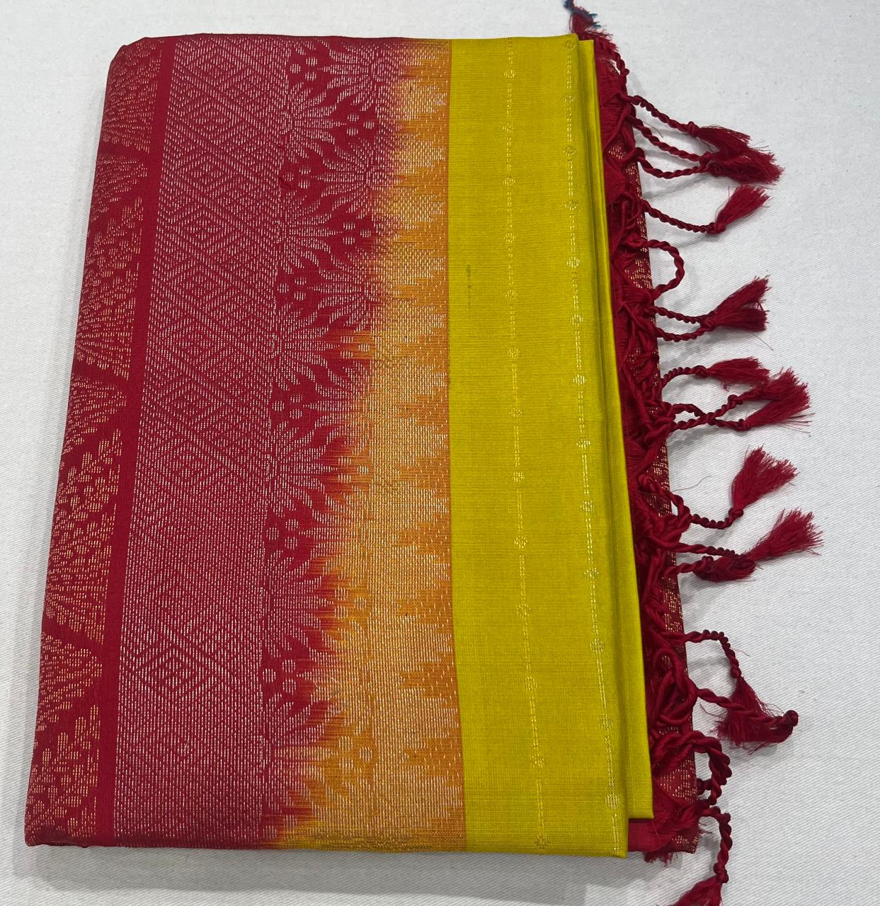 Pure Handloom Soft Silk Saree – Lemon Yellow & Deep Crimson Red Dual Tone