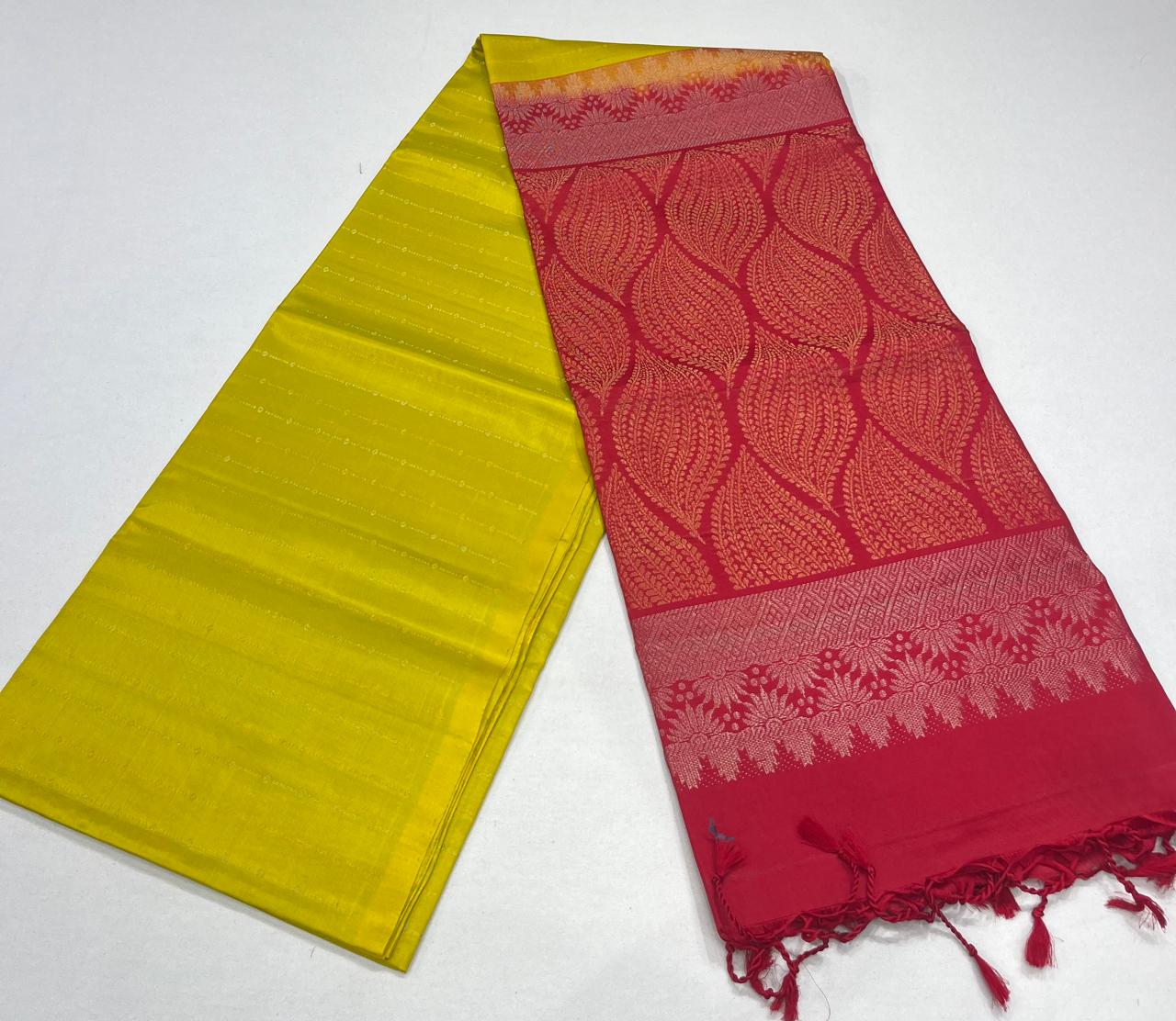 Pure Handloom Soft Silk Saree – Lemon Yellow & Deep Crimson Red Dual Tone