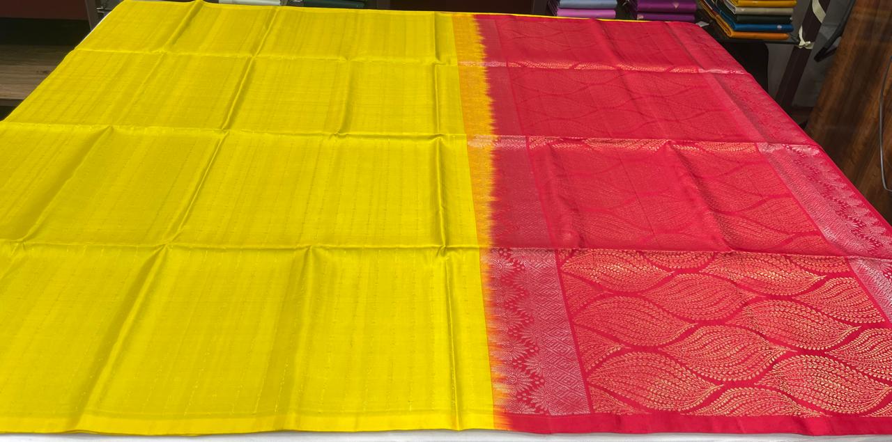 Pure Handloom Soft Silk Saree – Lemon Yellow & Deep Crimson Red Dual Tone