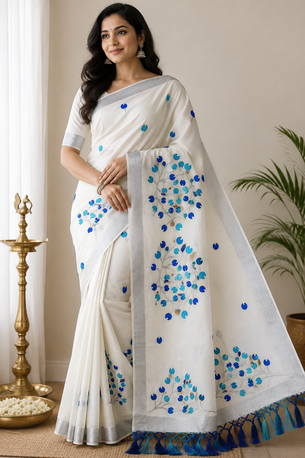 Elegant Off-White Kerala Cotton Saree with Blue Leaf Motif & Silver Kasavu Border