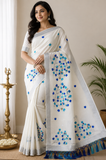 Elegant Off-White Kerala Cotton Saree with Blue Leaf Motif & Silver Kasavu Border