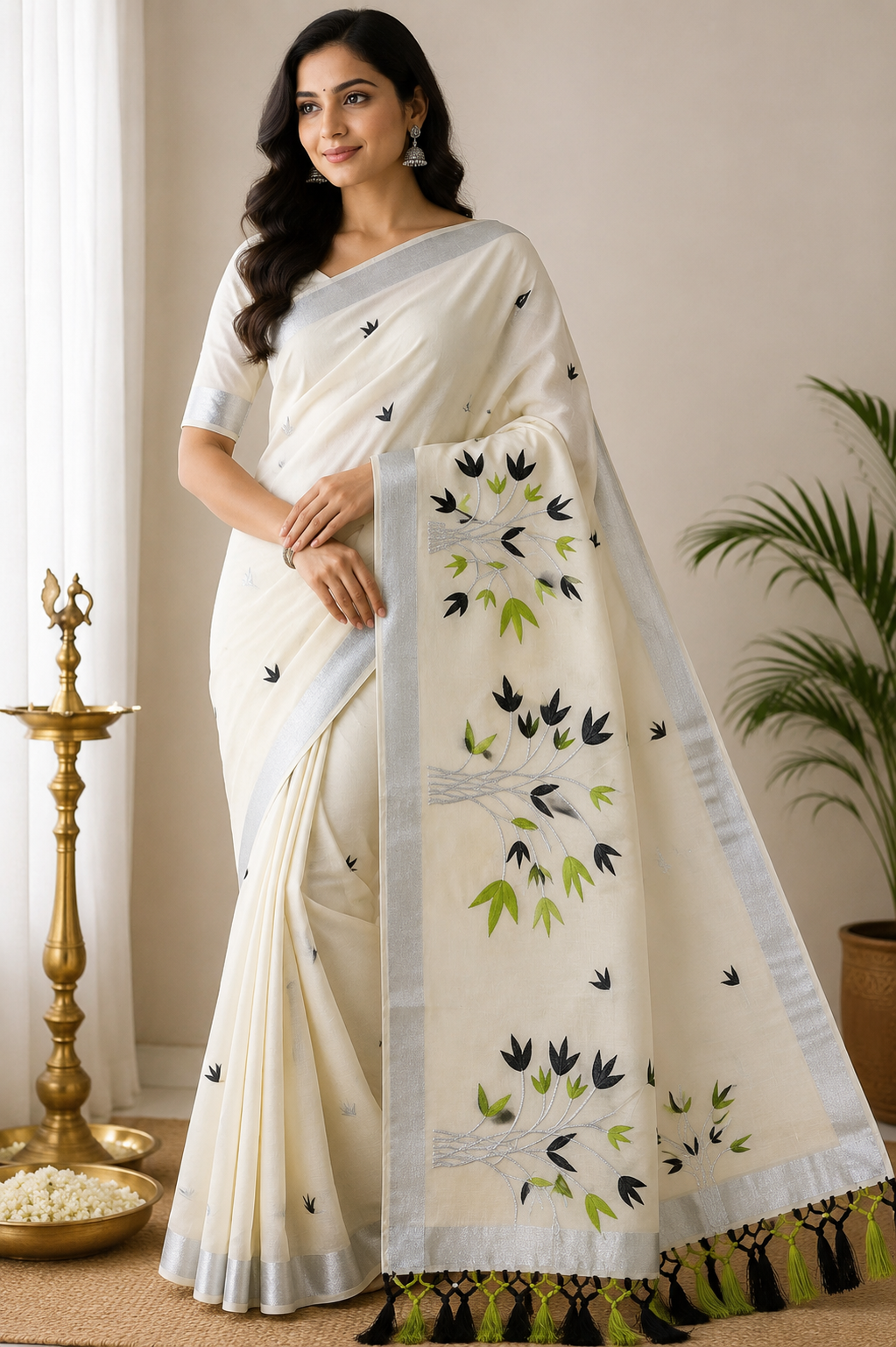 Off-White Kerala Cotton Saree with Black & Parrot Green Floral and Silver Kasavu Border