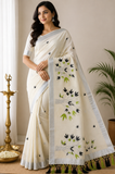 Off-White Kerala Cotton Saree with Black & Parrot Green Floral and Silver Kasavu Border
