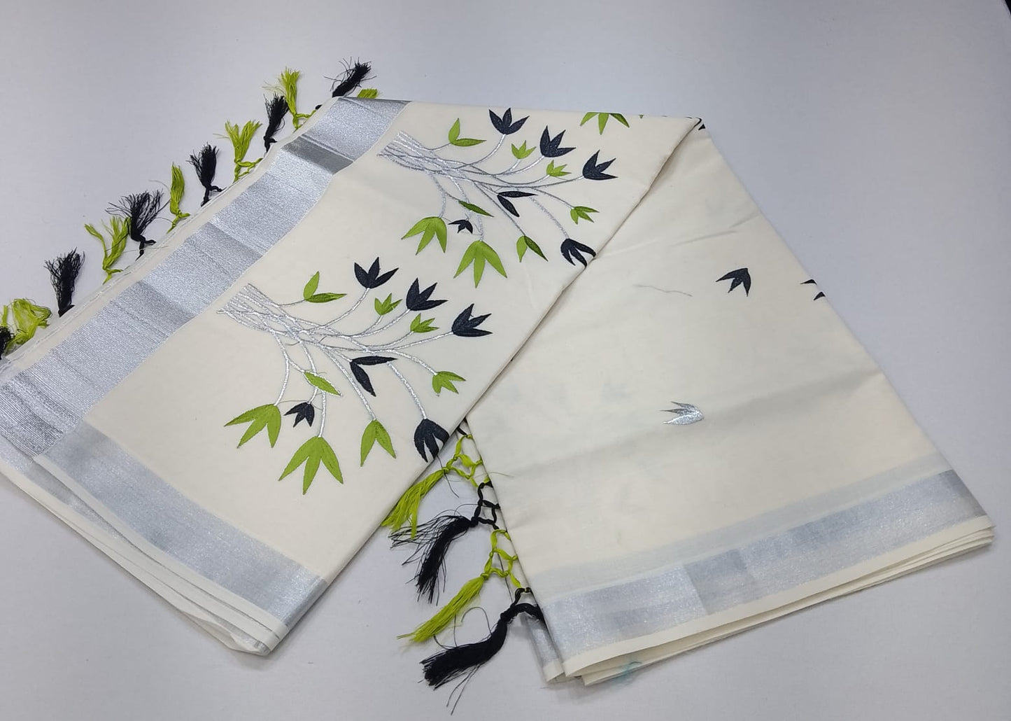 Off-White Kerala Cotton Saree with Black & Parrot Green Floral and Silver Kasavu Border