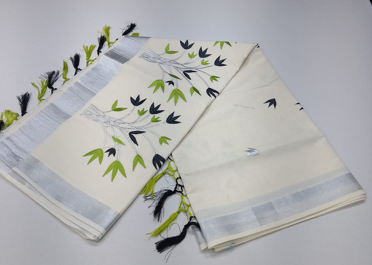 Off-White Kerala Cotton Saree with Black & Parrot Green Floral and Silver Kasavu Border