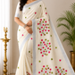 Off-White Kerala Cotton Saree with Pink & Olive Green Leaf Motifs and Silver Kasavu Border