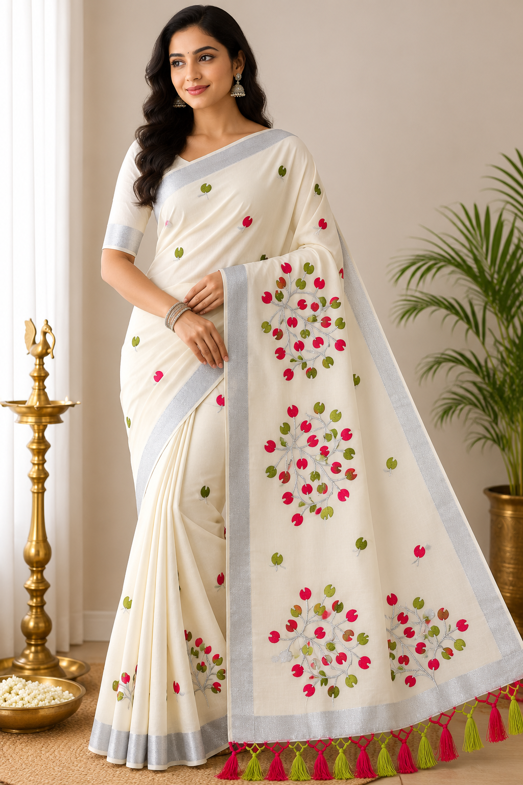 Off-White Kerala Cotton Saree with Pink & Olive Green Leaf Motifs and Silver Kasavu Border