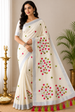 Off-White Kerala Cotton Saree with Pink & Olive Green Leaf Motifs and Silver Kasavu Border