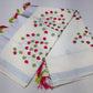 Off-White Kerala Cotton Saree with Pink & Olive Green Leaf Motifs and Silver Kasavu Border