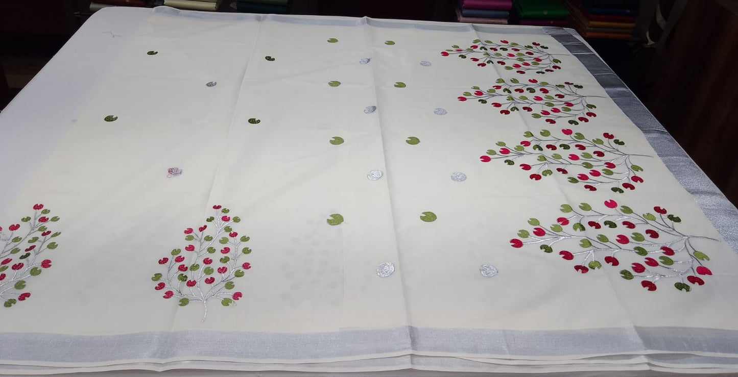 Off-White Kerala Cotton Saree with Pink & Olive Green Leaf Motifs and Silver Kasavu Border